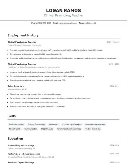 Clinical Psychology Teacher Resume