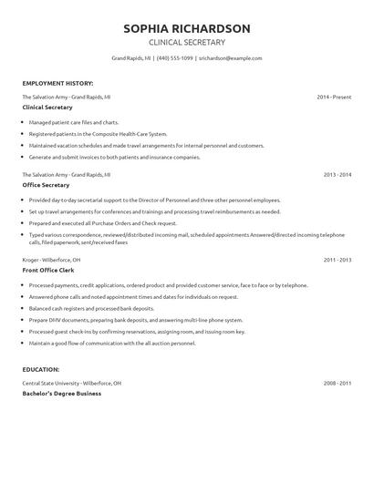 Clinical Secretary Resume