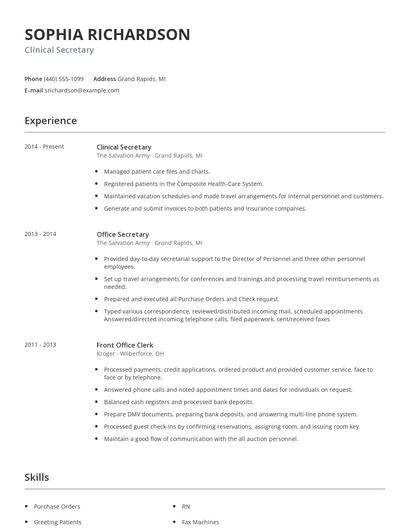 Clinical Secretary Resume