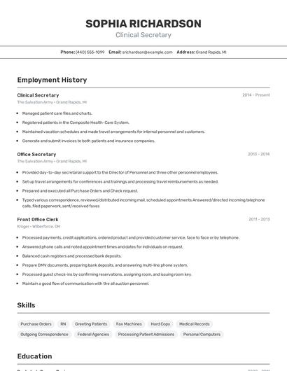 Clinical Secretary Resume