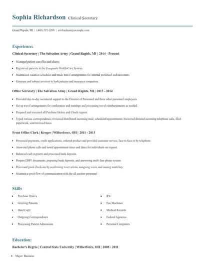 Clinical Secretary Resume