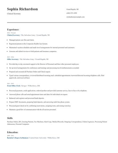 Clinical Secretary Resume