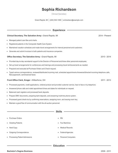 Clinical Secretary Resume