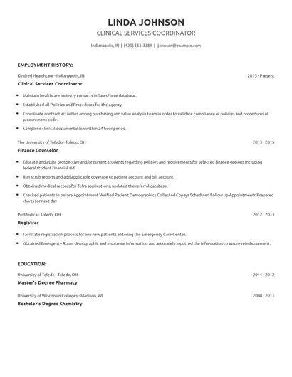Clinical Services Coordinator Resume