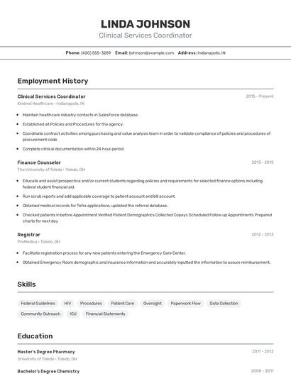 Clinical Services Coordinator Resume