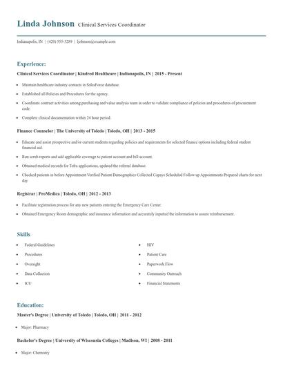 Clinical Services Coordinator Resume