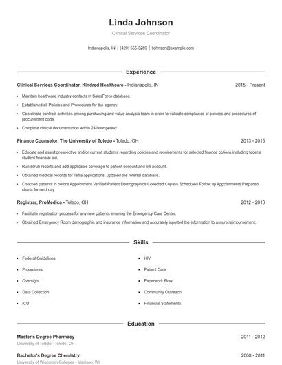 Clinical Services Coordinator Resume
