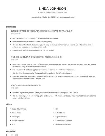 Clinical Services Coordinator Resume