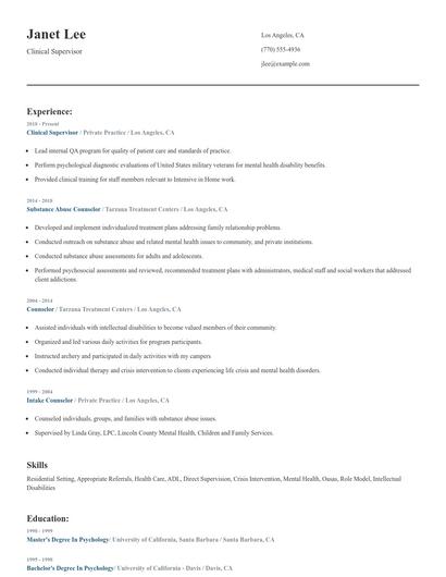 Clinical Supervisor Resume