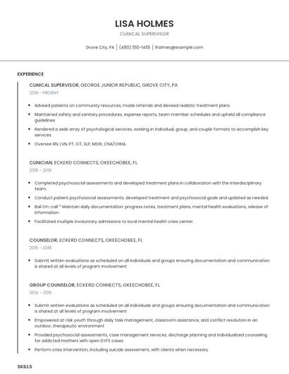 Clinical Supervisor Resume