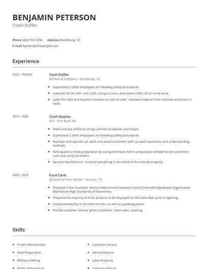 Cloth Doffer Resume
