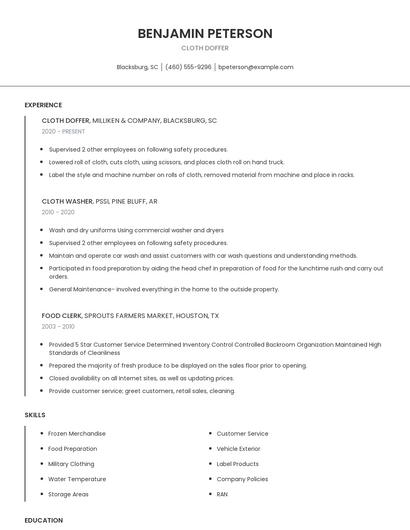 Cloth Doffer Resume