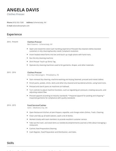 Clothes Presser Resume