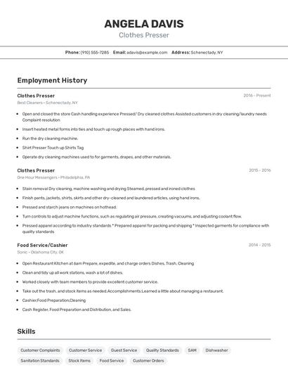 Clothes Presser Resume