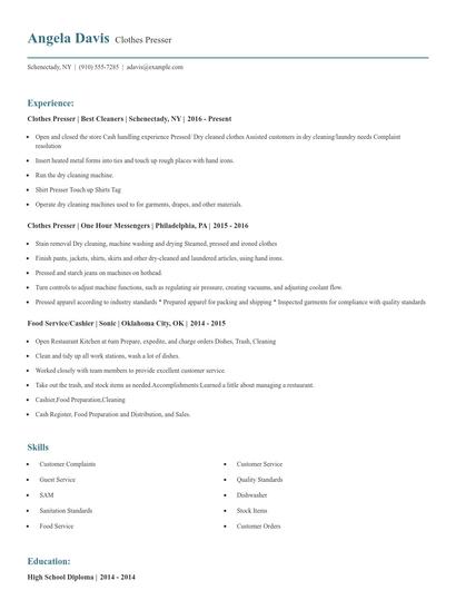 Clothes Presser Resume