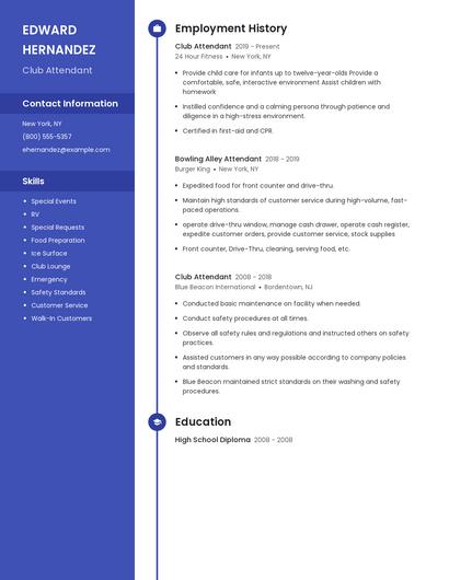 Club Attendant Resume