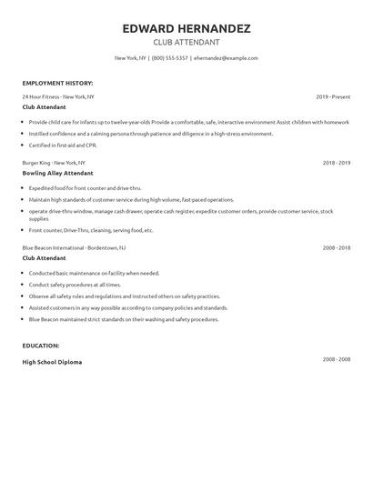 Club Attendant Resume