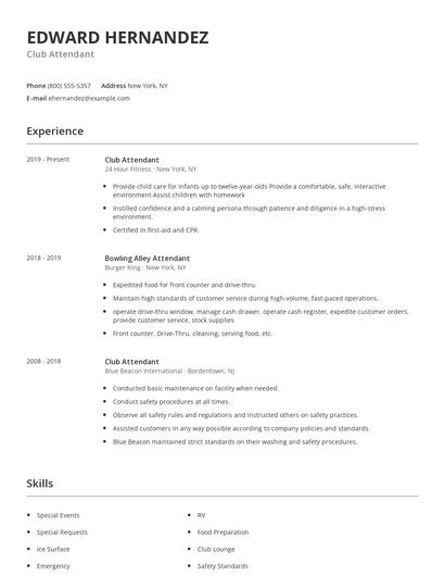 Club Attendant Resume