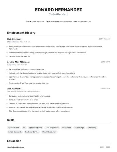 Club Attendant Resume