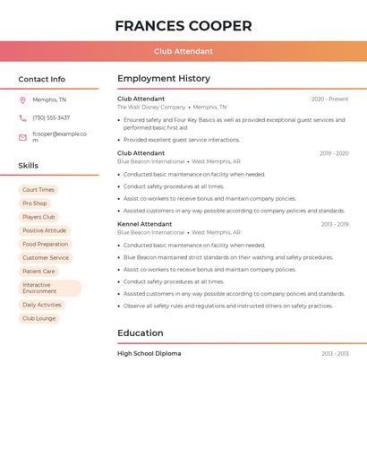 Club Attendant Resume