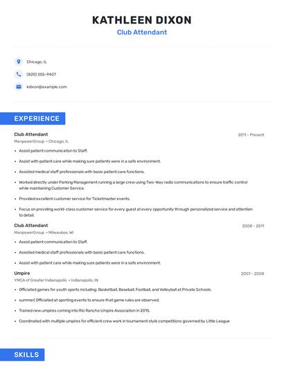 Club Attendant Resume