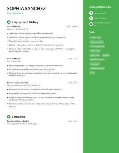 Club Attendant Resume