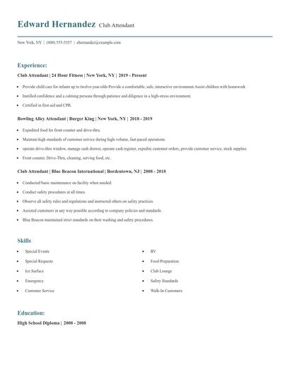 Club Attendant Resume