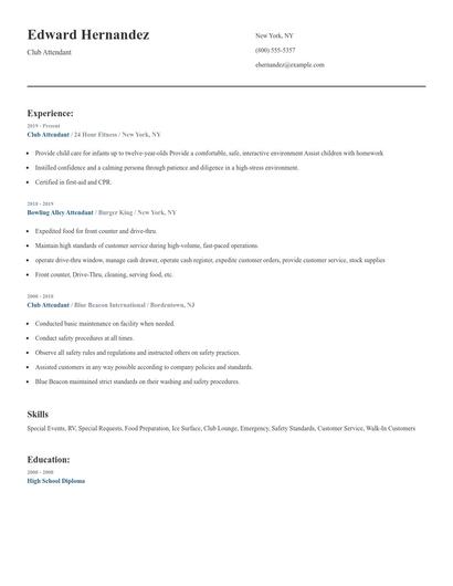Club Attendant Resume