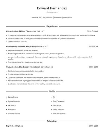 Club Attendant Resume