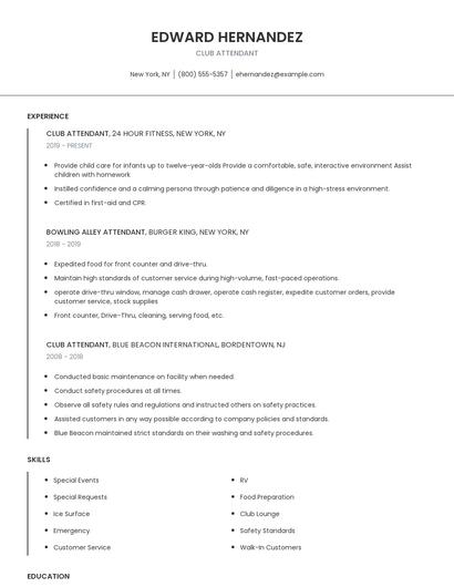 Club Attendant Resume