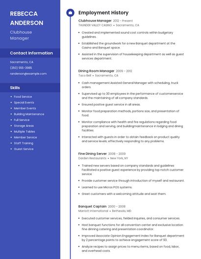 Clubhouse Manager Resume