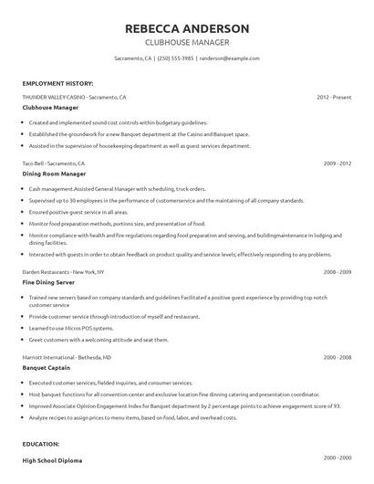 Clubhouse Manager Resume