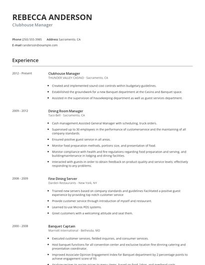 Clubhouse Manager Resume