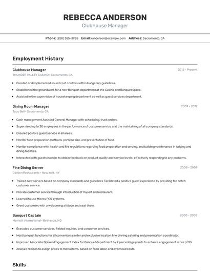 Clubhouse Manager Resume