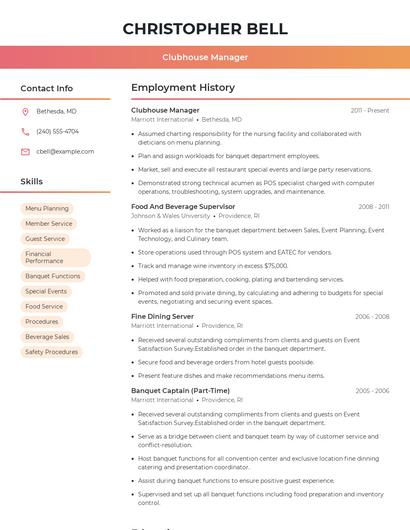 Clubhouse Manager Resume