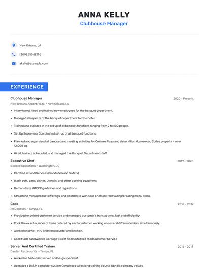 Clubhouse Manager Resume