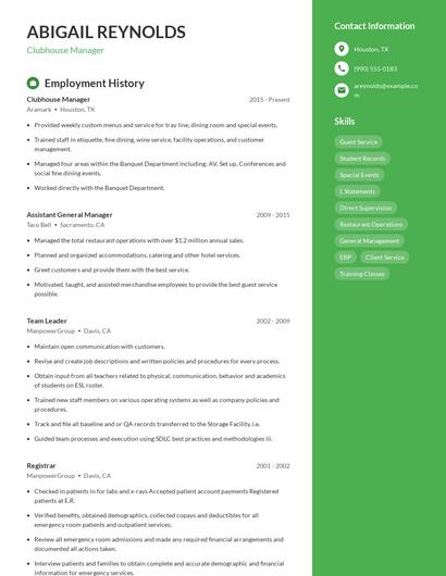 Clubhouse Manager Resume