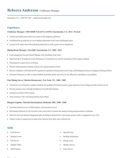 Clubhouse Manager Resume