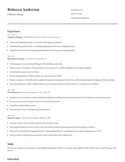 Clubhouse Manager Resume