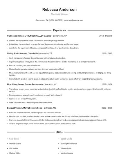 Clubhouse Manager Resume