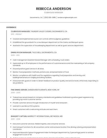 Clubhouse Manager Resume