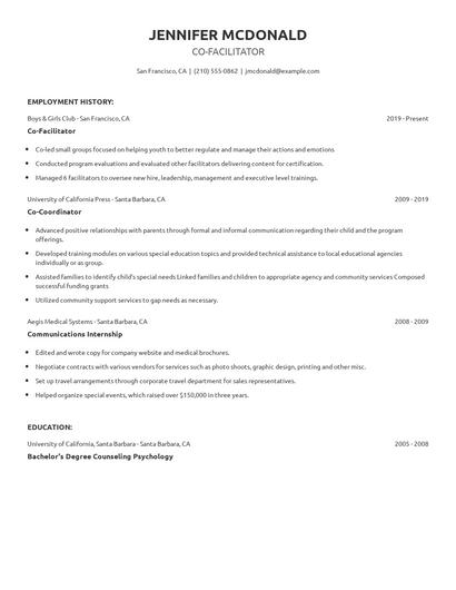 Co-Facilitator Resume