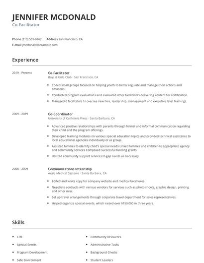 Co-Facilitator Resume