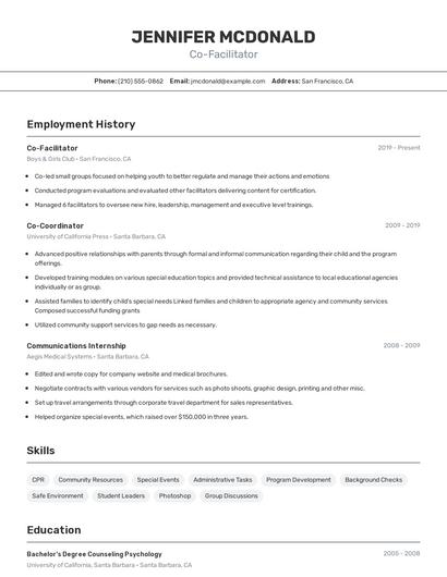 Co-Facilitator Resume