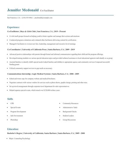 Co-Facilitator Resume