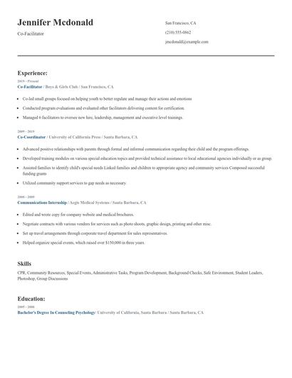 Co-Facilitator Resume