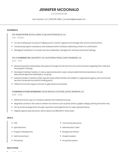 Co-Facilitator Resume