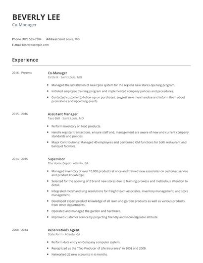 Co-Manager Resume