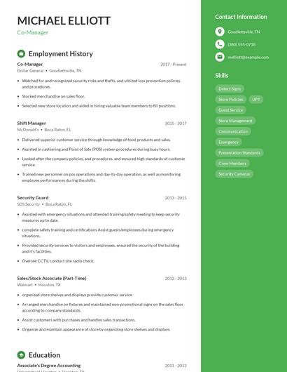 Co-Manager Resume