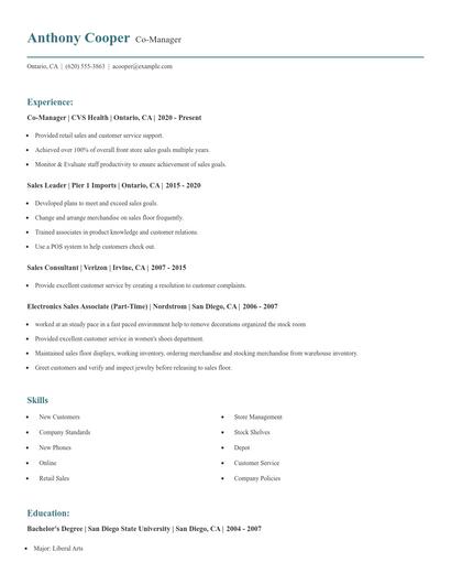 Co-Manager Resume